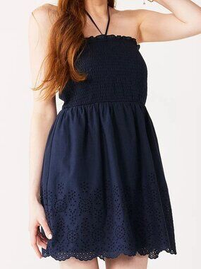 Speechless Juniors' Smocked Halter-Neck Dress XXL Navy Blue Scallop Hem Smocked